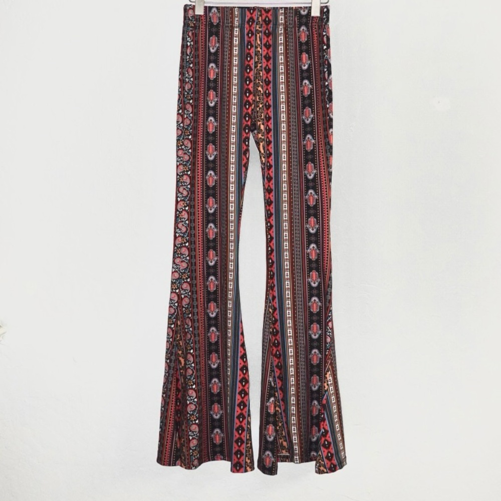 Daisy Del Sol Boho Flare Pants – Size M, Hamsa Print, Festival Bell Bottoms